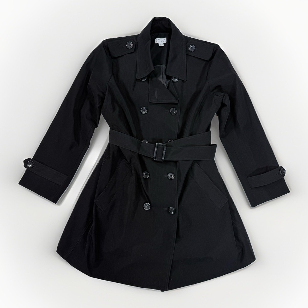 Black Trench Coat Womens 14 Belted Double Breasted Classic Joan Rivers Excellent